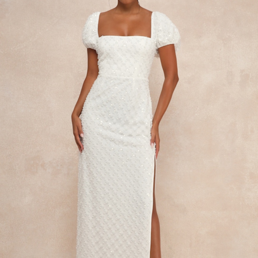 Lulus Incredible Glamour White Sequin Puff Sleeve Column Maxi Dress - Size XS